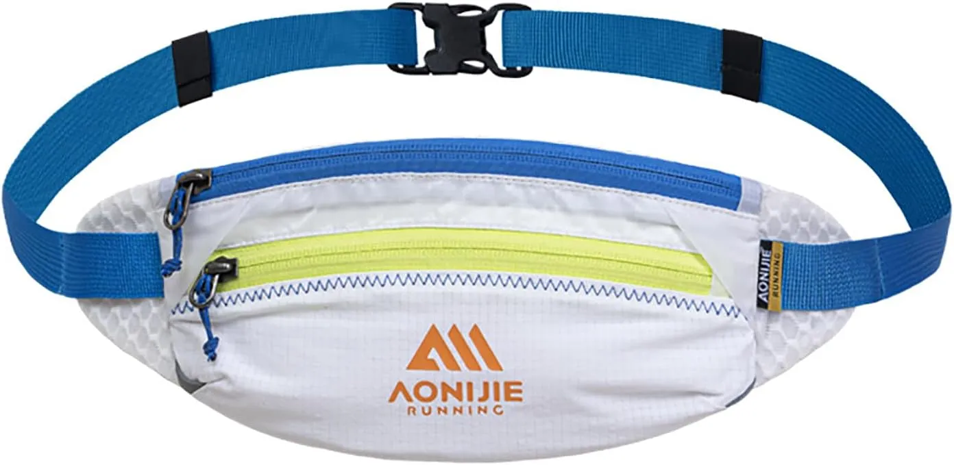Men and Women, Suitable for Sports Training, Cycling, Hiking (White and Blue,One Size) AONIJIE Waist Belt Bag, Double ordinance charismatic Zipper Large Capacity, Ultra-light Breathable Running Waist Bag for 