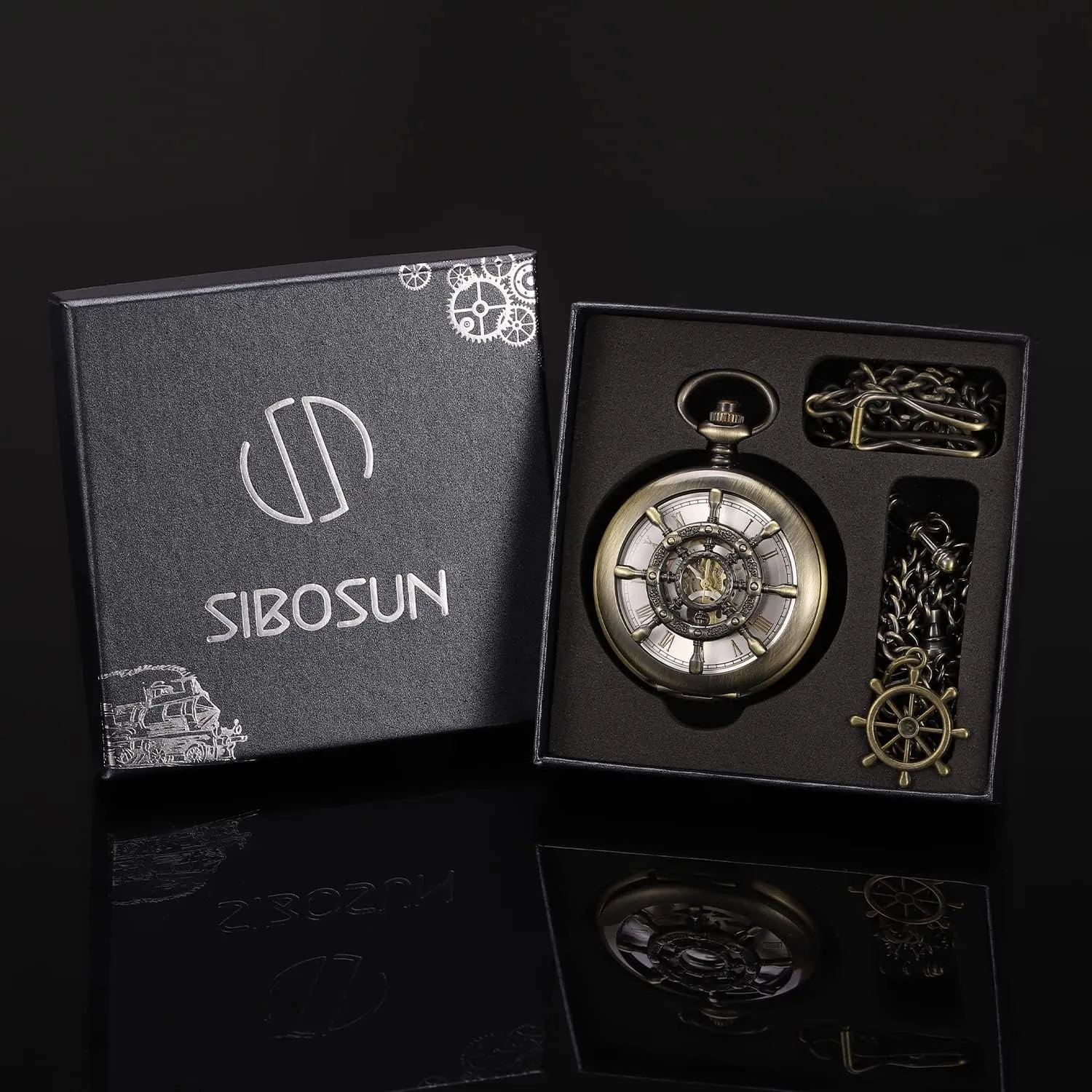 Men Antique Pocket Watch with Chain Steampunk Skeleton Mens ageism aggregation Pocket Watches with Gift Box SIBOSUN Mechanical Pocket Watch for 