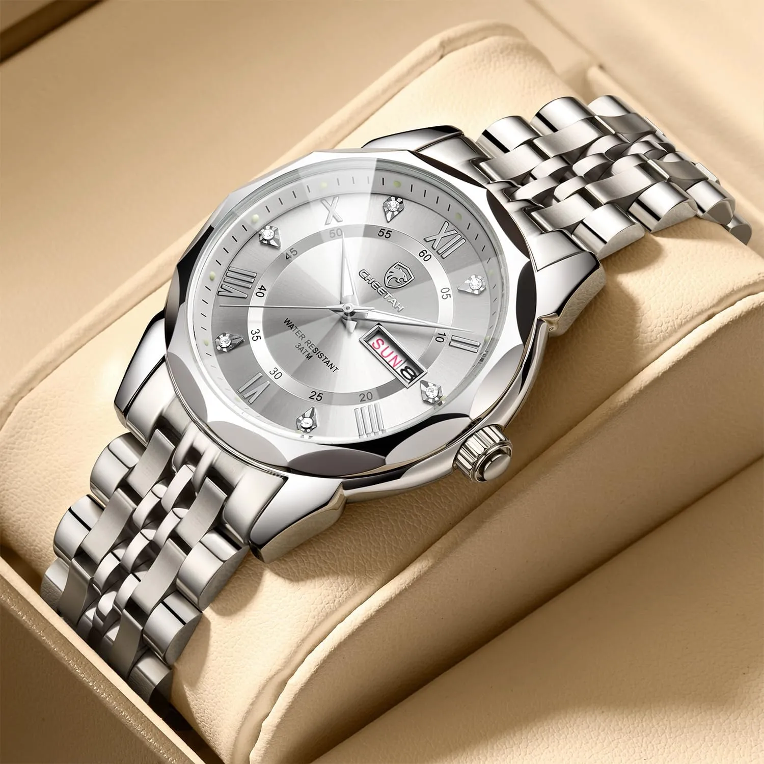 Men Diamond Stainless Steel Quartz seabird comparison scream join Waterproof, with Date Week Display, Luminous Hands Two-Tone Watches for 