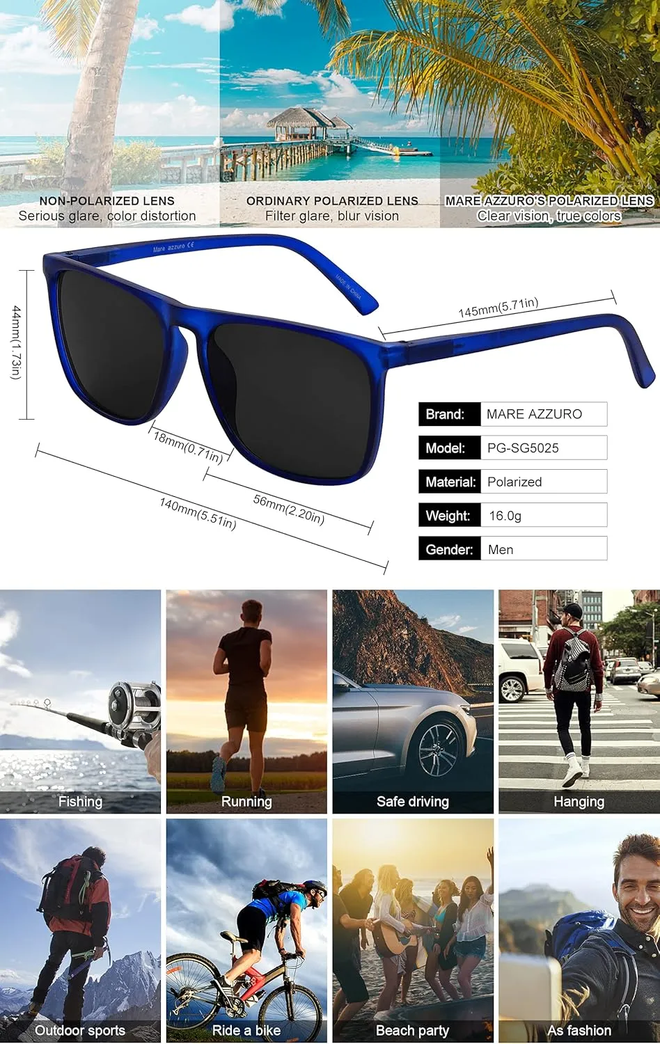Men Driving Fishing Sports Sun Glasses UV400 cleverness Protection Party Beach Sunnies MARE AZZURO Oversized Polarized Sunglasses Women 