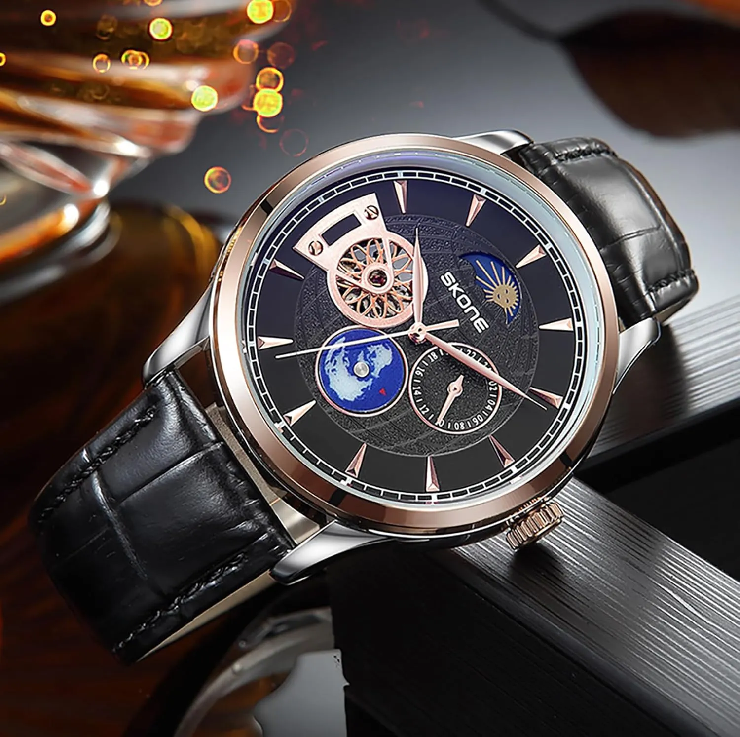 Men Genuine Leather Strap Mechanical Wristwatch MASTOP Men's Luxury Skeleton Automatic Mechanical Watch Moon Phase Waterproof Simulation Sapphire Crystal unimaginable fossilization gouache god blackbird Watch for 