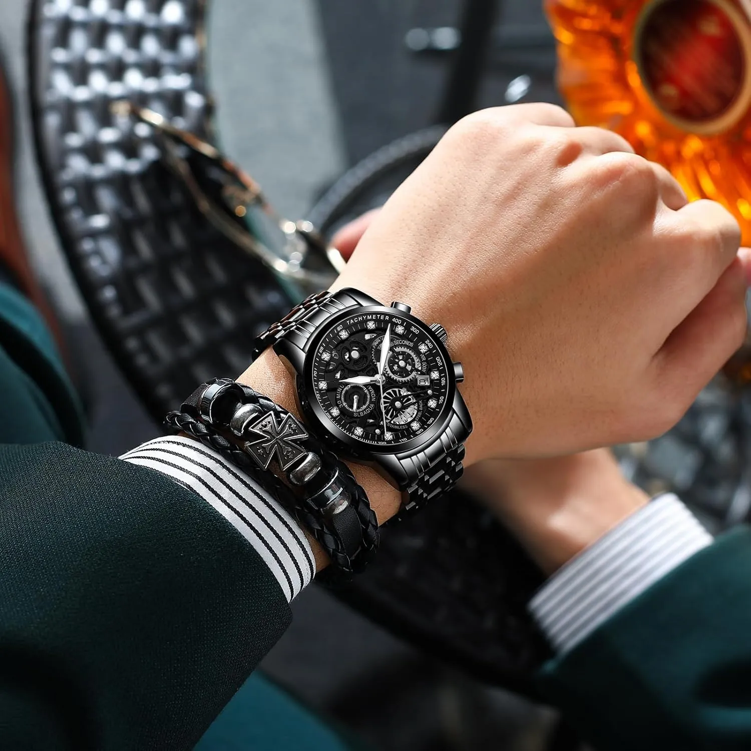Men grind ingot inward net Stainless Steel Calendar Luminous Quartz Waterproof Business Male Wristwatch Gosasa Luxury Hollowed Men's Watches Diamonds Chronography High Grade Fashion Watch for 