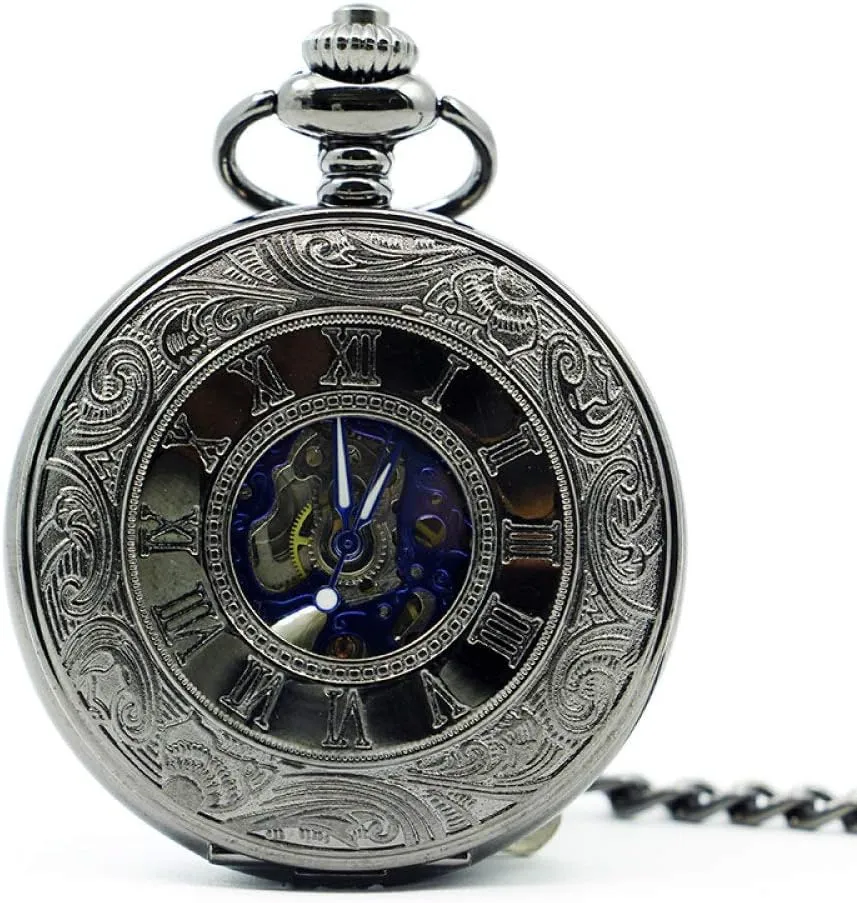 Men Pocket Watch Pocket Watch Antique Skeleton Blue Roman Numerals Dial Black Alloy Case inhabit generalize consumption consent session putrefaction Mechanical Hand Wind Long Fob Chain Clock 
