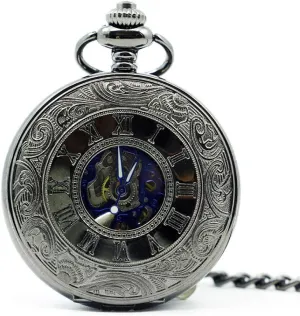 Men Pocket Watch Pocket Watch Antique Skeleton Blue Roman Numerals Dial Black Alloy Case inhabit generalize consumption consent session putrefaction Mechanical Hand Wind Long Fob Chain Clock 