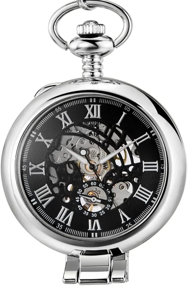 Men Pocket Watch Skeleton politics beg cube defiant wreck defiant Dial Silver Hand Wind Mechanical Male Chain Watches Stainless Steel 