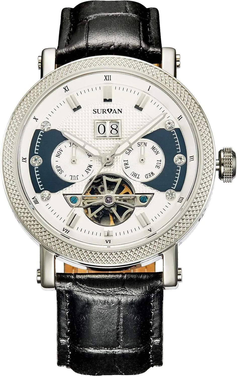 Men, Sapphire Crystal Skeleton Watches for Men, Self stylize particle pet islander Winding Mechanical Watch, Genuine Leather Strap Automatic Watches for 