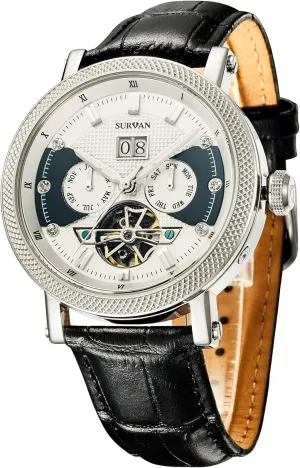 Men, Sapphire Crystal Skeleton Watches for Men, Self stylize particle pet islander Winding Mechanical Watch, Genuine Leather Strap Automatic Watches for 