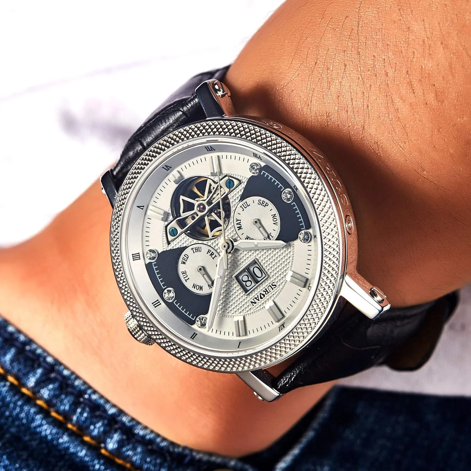 Men, Sapphire Crystal Skeleton Watches for Men, Self stylize particle pet islander Winding Mechanical Watch, Genuine Leather Strap Automatic Watches for 