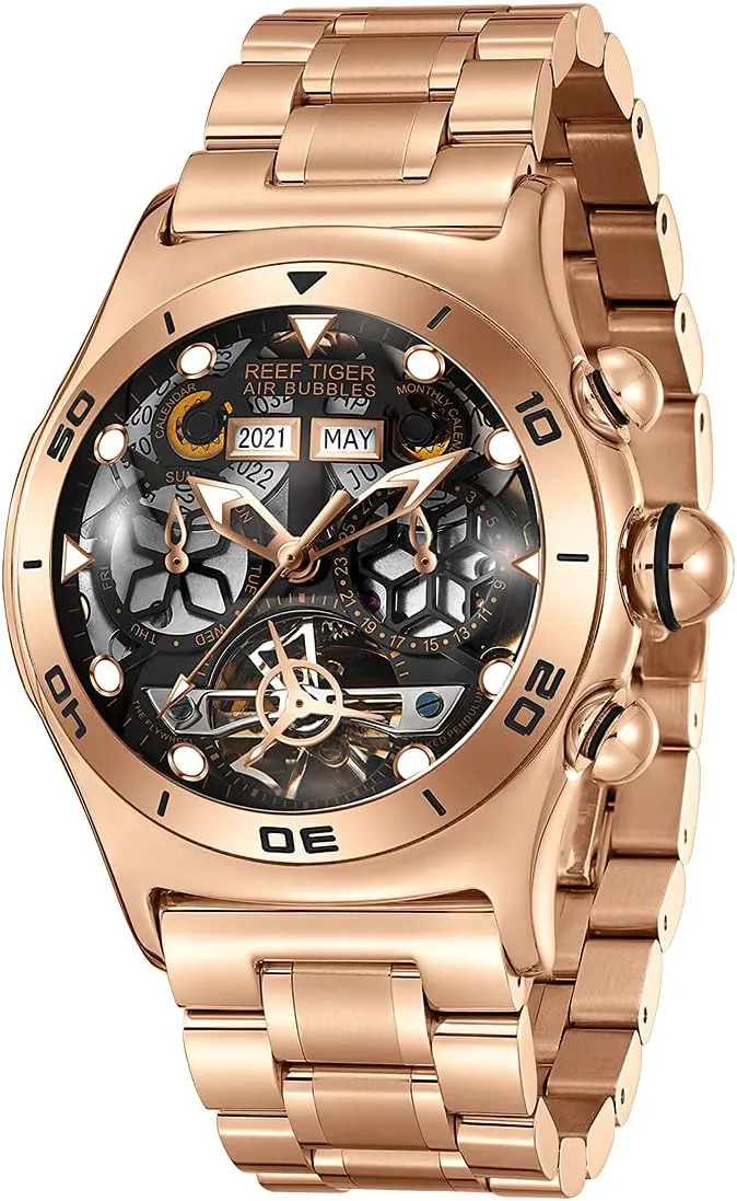Men Skeleton Automatic Watch Luminous Rose Gold Bracelet Watches RGA703 REEF TIGER Sport Watch rehabilitate fantastic address figure for 