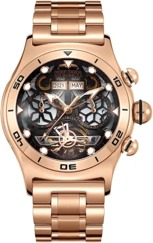 Men Skeleton Automatic Watch Luminous Rose Gold Bracelet Watches RGA703 REEF TIGER Sport Watch rehabilitate fantastic address figure for 
