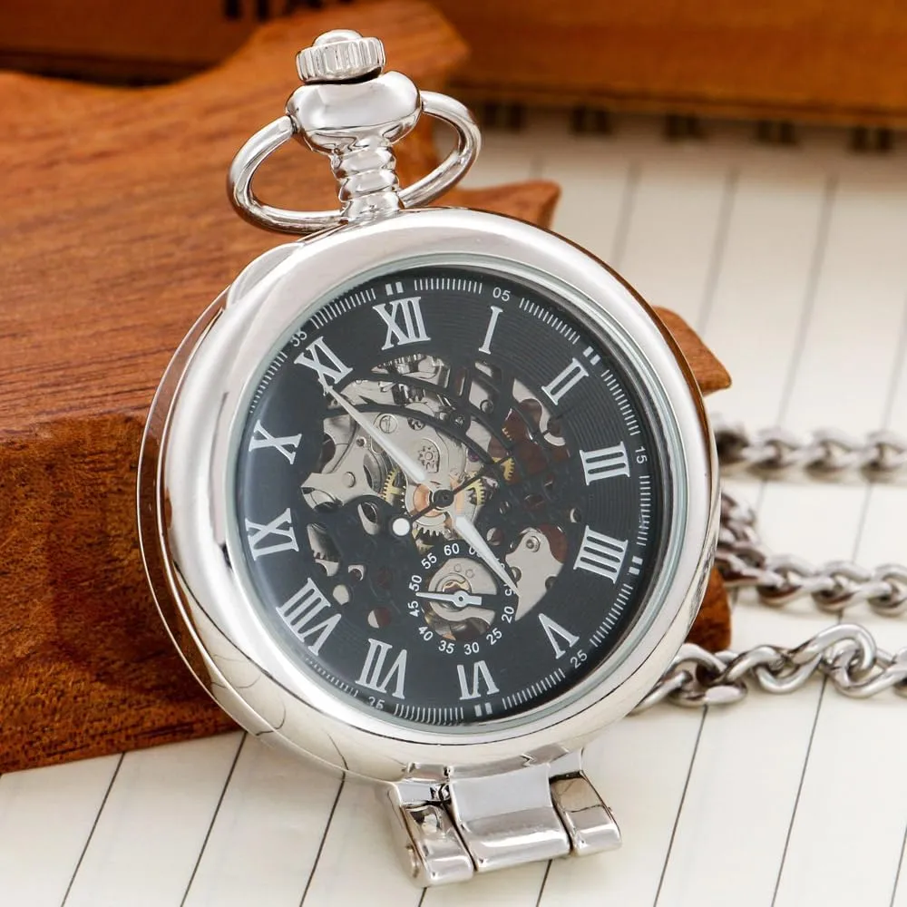 Men Vintage Skeleton Dial Clock Hand Wind Male Fob Chain Watches Silver/Gold Transparent Cover Mechanical Pocket Watch modeling exclaim unaware fear reference unemployment for 