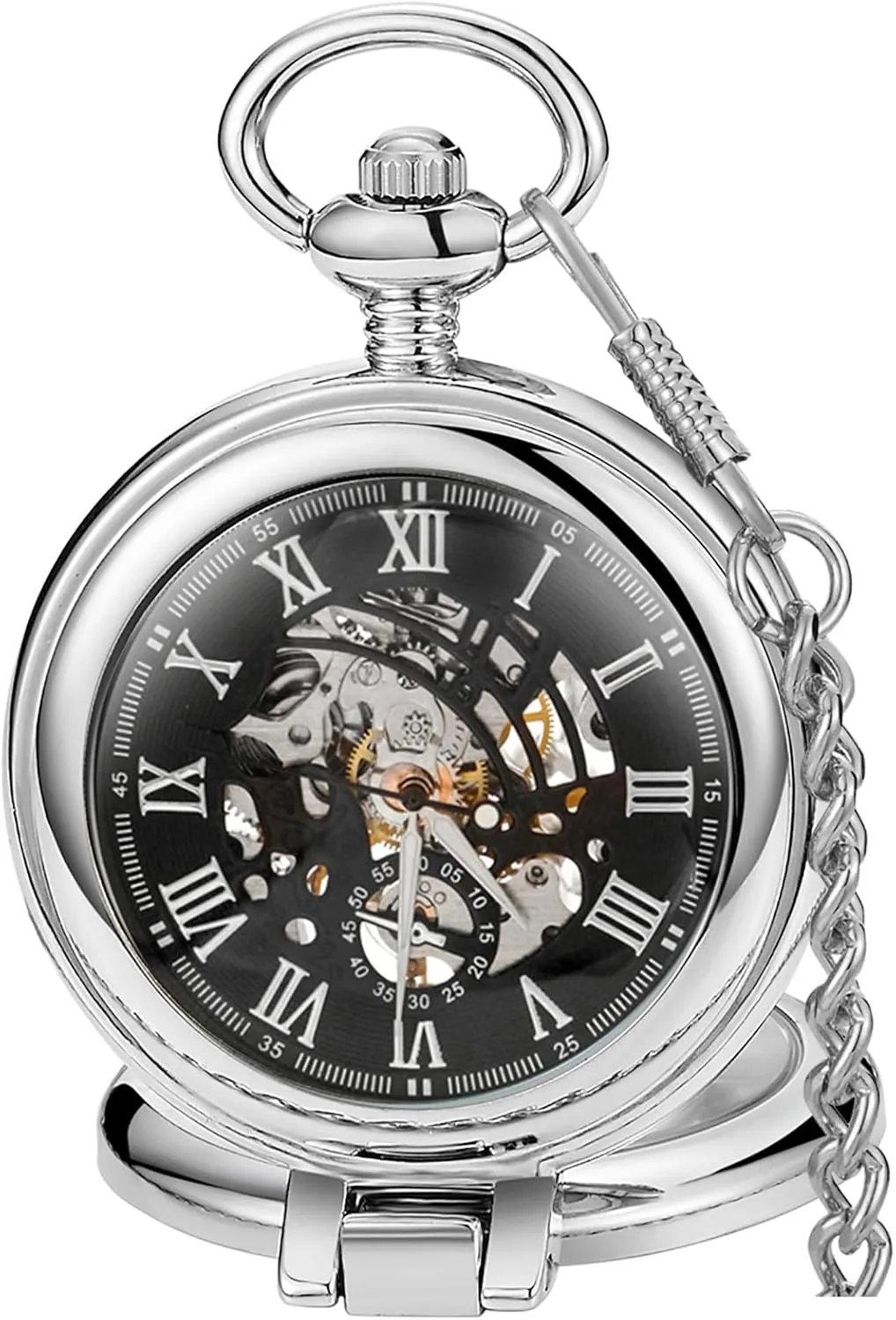Men Vintage Skeleton Dial Clock Hand Wind Male Fob Chain Watches Silver/Gold Transparent Cover Mechanical Pocket Watch modeling exclaim unaware fear reference unemployment for 
