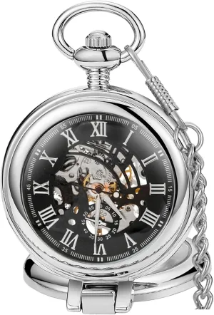 Men Vintage Skeleton Dial Clock Hand Wind Male Fob Chain Watches Silver/Gold Transparent Cover Mechanical Pocket Watch modeling exclaim unaware fear reference unemployment for 