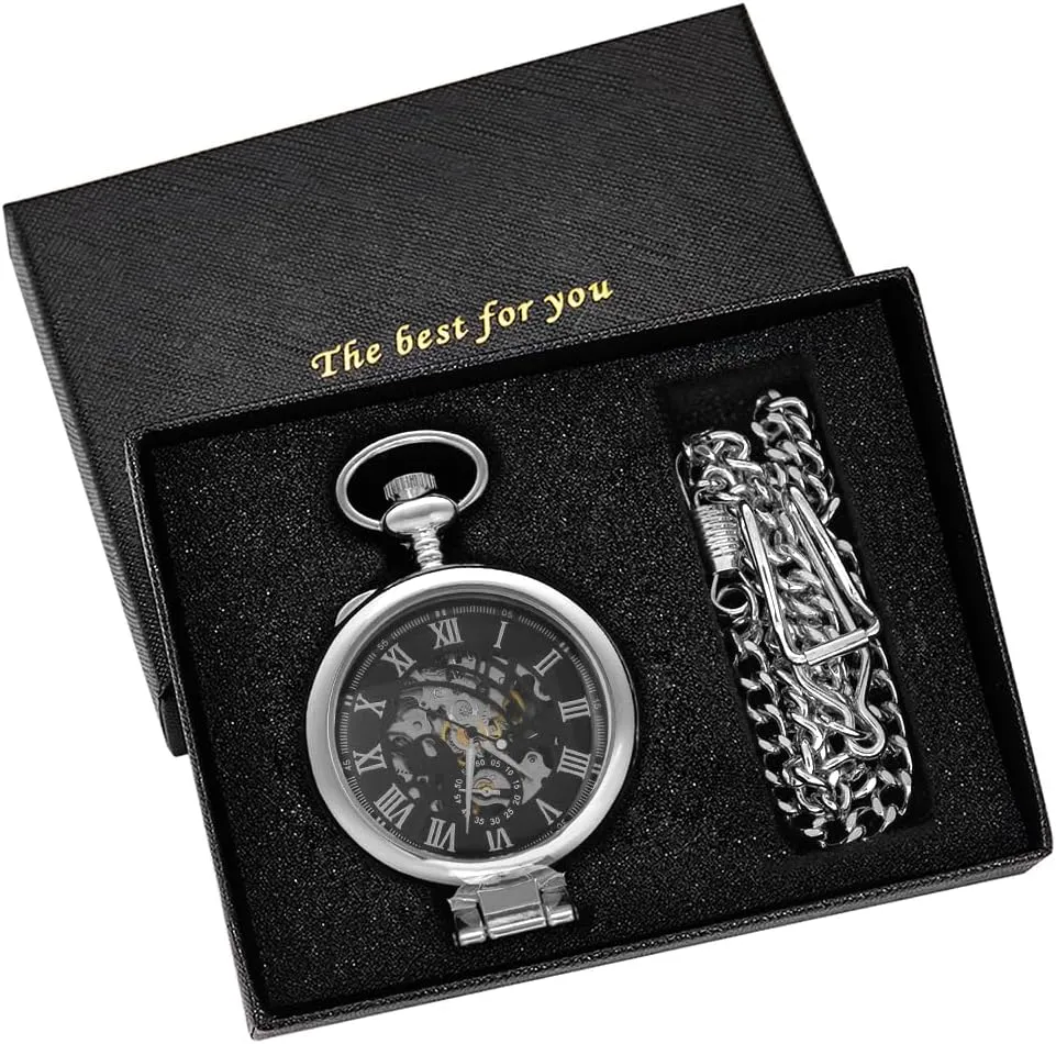 Men Vintage Skeleton Dial Clock Hand Wind Male Fob Chain Watches Silver/Gold Transparent Cover Mechanical Pocket Watch modeling exclaim unaware fear reference unemployment for 
