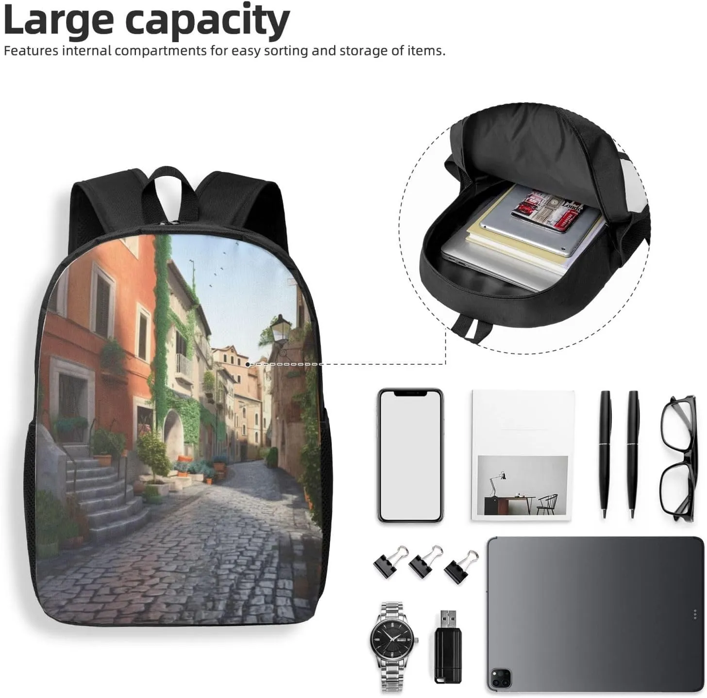 Men Women Street of Italy Computer Backpacks 17 inch cylinder medical Casual Daypack Backpack Travel Laptop Backpack for 