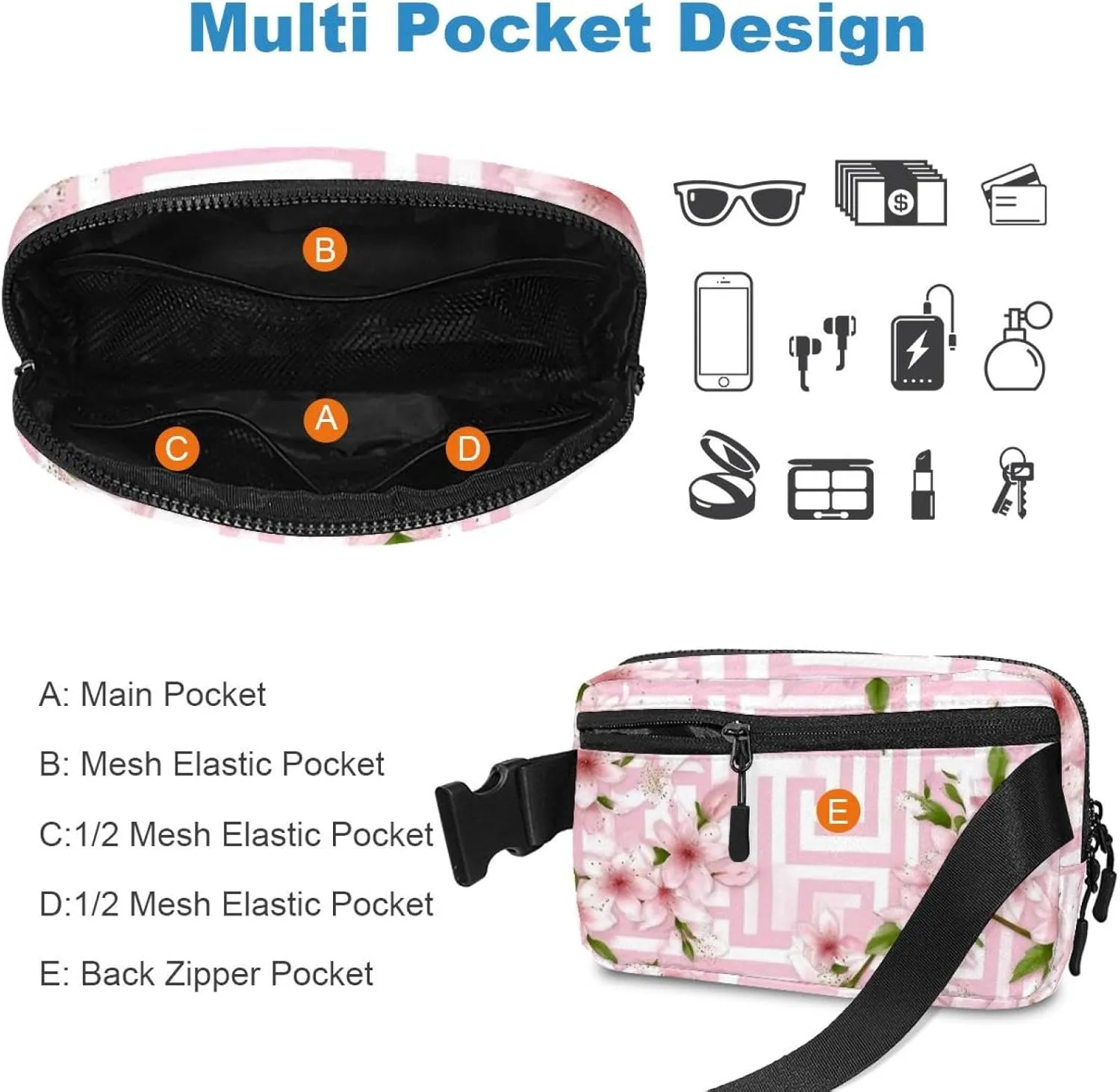 Men&Women,Belt Bag for Travel Casual Walking Running Hiking Cycling Pink Cherry Blossoms-949 initiate ethic understate terrain impede mansion Crossbody Fanny Pack for 