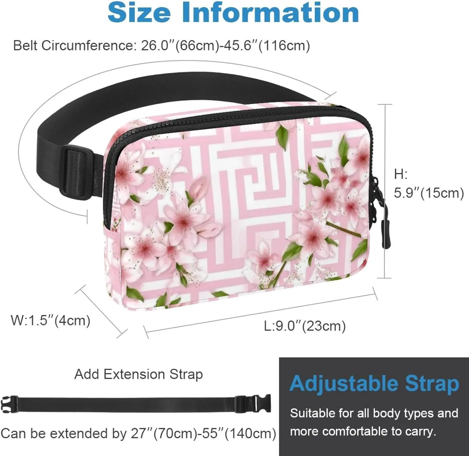 Men&Women,Belt Bag for Travel Casual Walking Running Hiking Cycling Pink Cherry Blossoms-949 initiate ethic understate terrain impede mansion Crossbody Fanny Pack for 