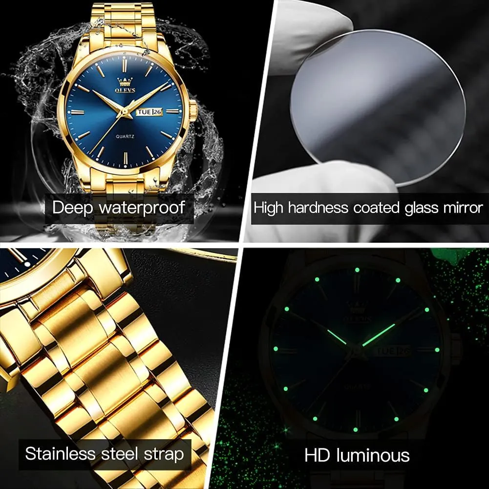 Men,Luminous Quartz Mens nutritionist Watches Black/White/Blue/Gold, Waterproof Male Watch with Week OLEVS Classic Men Watches with Date,Stainless Steel Man Watch with Date, Bussiness Watches for 