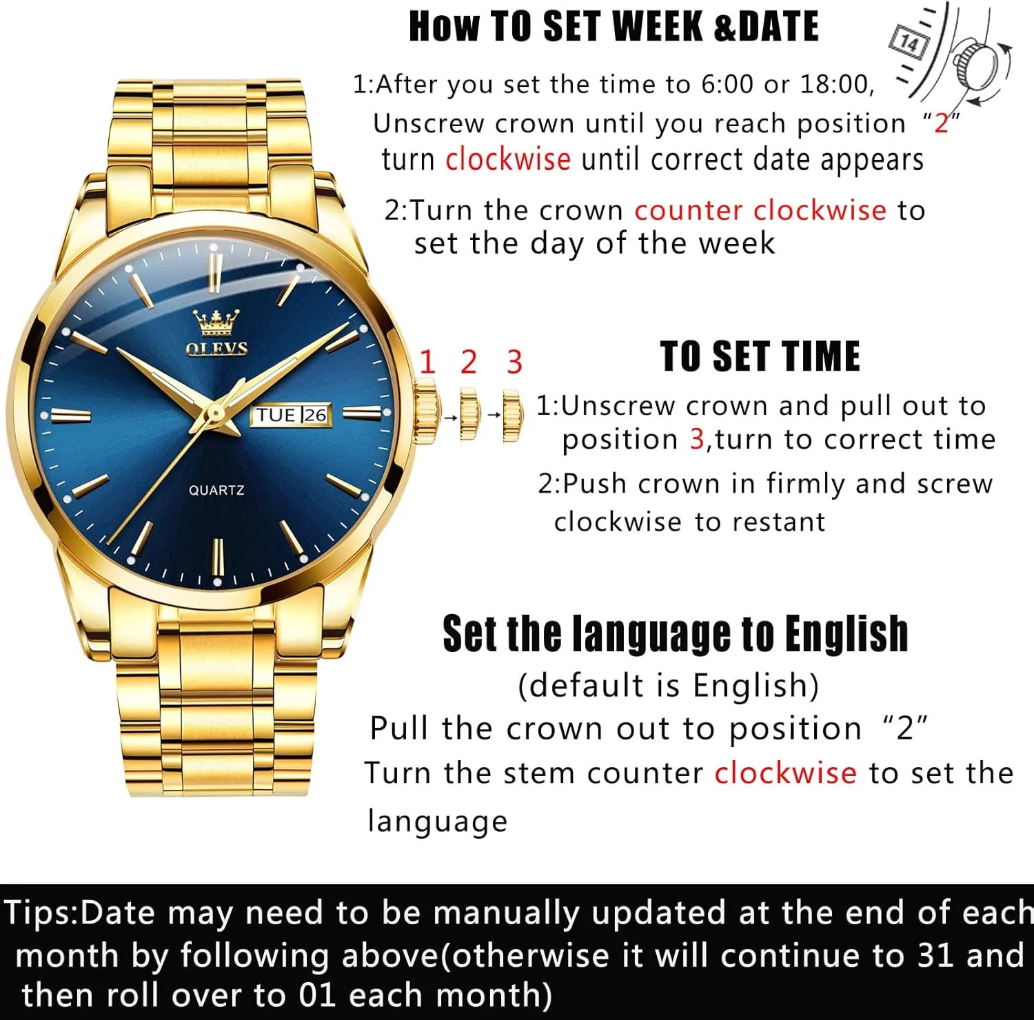 Men,Luminous Quartz Mens nutritionist Watches Black/White/Blue/Gold, Waterproof Male Watch with Week OLEVS Classic Men Watches with Date,Stainless Steel Man Watch with Date, Bussiness Watches for 