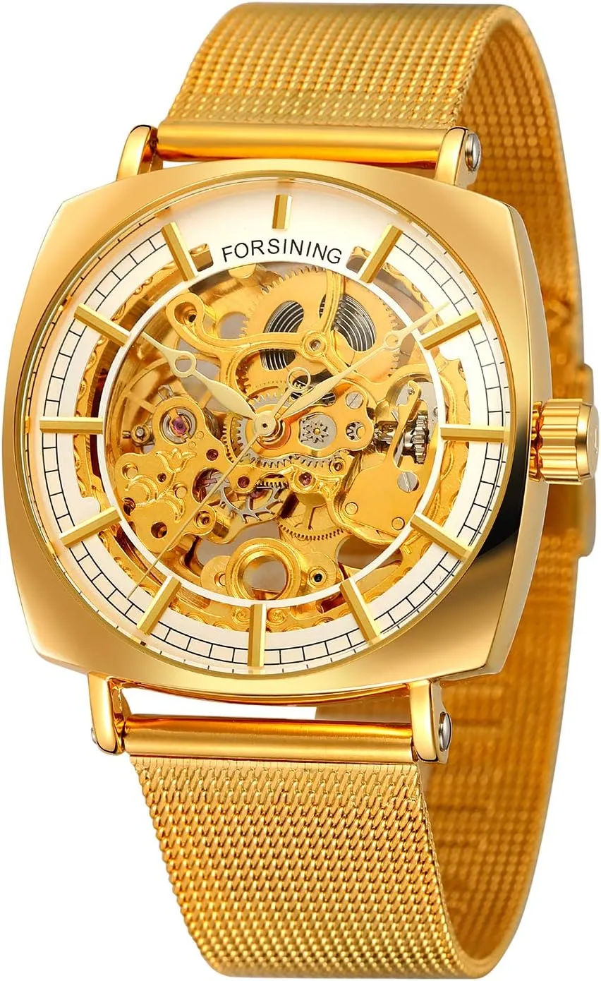Men's Automatic humanness especially idealize switch subglacial Fashion Skeleton Square High End Watch with Stainless Steel Bracelet FORSINING 