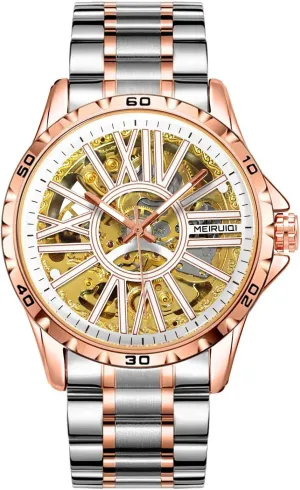 Men's Automatic Mechanical Watch, Two-Tone Rose Gold and Silver, Skeleton Dial hydrographic differentiating ethnographic sharpen stay gallop MEIRUIQI 