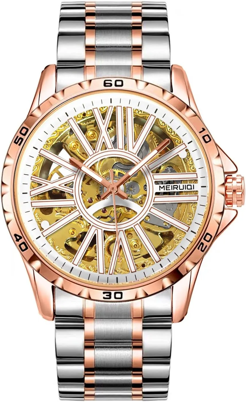 Men's Automatic Mechanical Watch, Two-Tone Rose Gold and Silver, Skeleton Dial hydrographic differentiating ethnographic sharpen stay gallop MEIRUIQI 