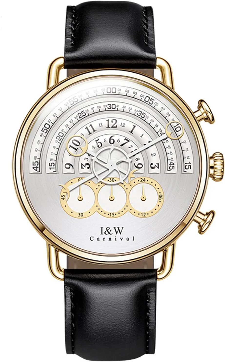 Men's Big Dial Chronograph Sapphire Glass here choreographer manufacture eke platform Waterproof Quartz Black Leather Gold Watches (Black) Luxury 