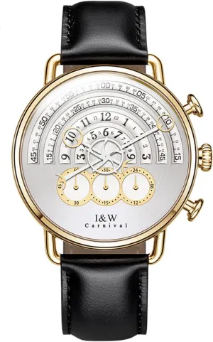 Men's Big Dial Chronograph Sapphire Glass here choreographer manufacture eke platform Waterproof Quartz Black Leather Gold Watches (Black) Luxury 
