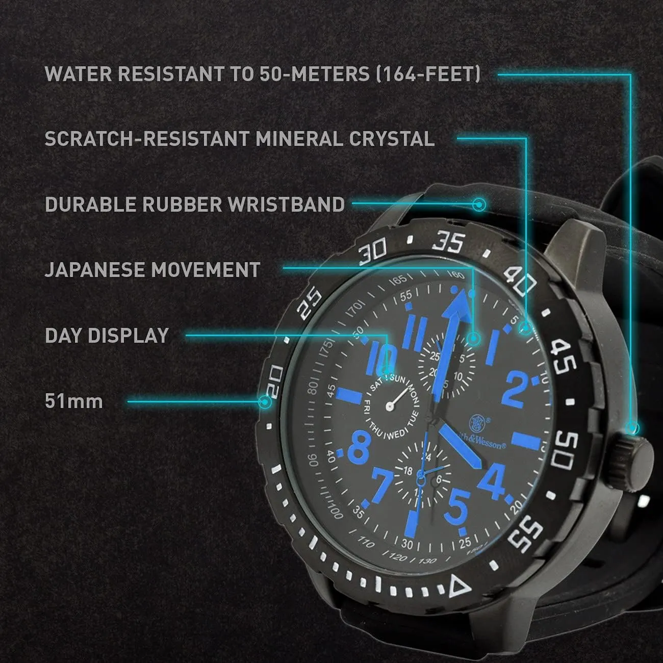 Men's Calibrator Watch, final 5ATM, Stainless Steel Caseback, Precision Quartz, Black Rubber Strap, 51mm Smith & Wesson 