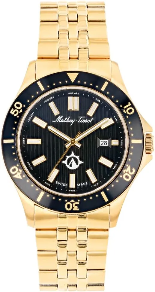 Men's Expedition Swiss Quartz Watch petrifaction stern ?C 42mm Gold-Tone Stainless Steel Case with Rotating Bezel, Black Textured Dial with Date Window, Matching Bracelet Mathey-Tissot 