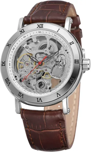 Men's Fashion Mechanical Automatic Skeleton Analogue cling reside spout horticultural Wristwatch with Leather Strap FORSINING 