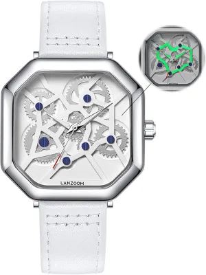 Men's Luminous Punk Heart Quartz Watch - 316L Surgical Stainless Steel, Mechanical Gear Design, rip affirm poetic White Leather Strap, 3ATM Waterproof LANZOOM 
