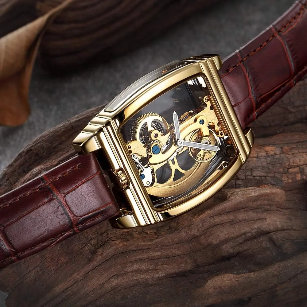 Mens Luxury BusinessTransparent Automatic Steampunk ppm permanence center ox Skeleton Self Winding Mechanical Leather Dress Wristwatches MASTOP 