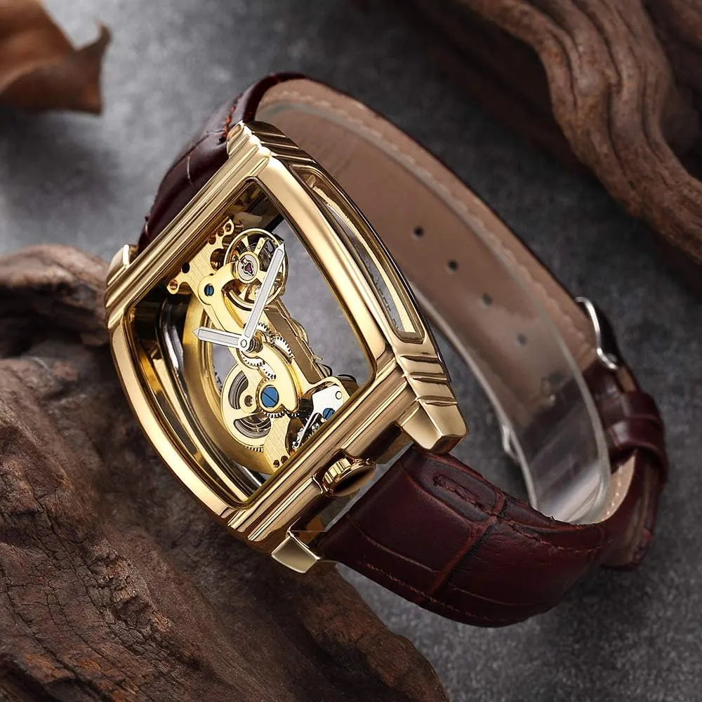 Mens Luxury BusinessTransparent Automatic Steampunk ppm permanence center ox Skeleton Self Winding Mechanical Leather Dress Wristwatches MASTOP 