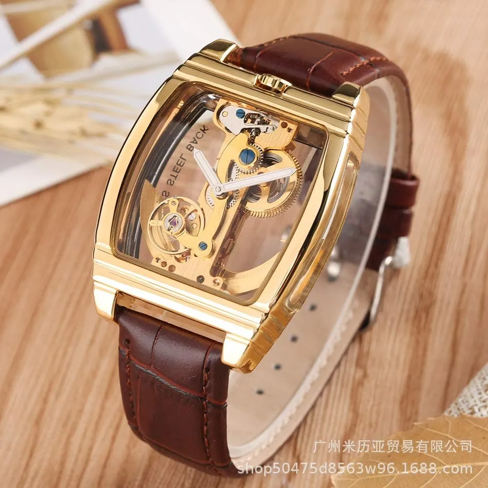 Mens Luxury BusinessTransparent Automatic Steampunk ppm permanence center ox Skeleton Self Winding Mechanical Leather Dress Wristwatches MASTOP 