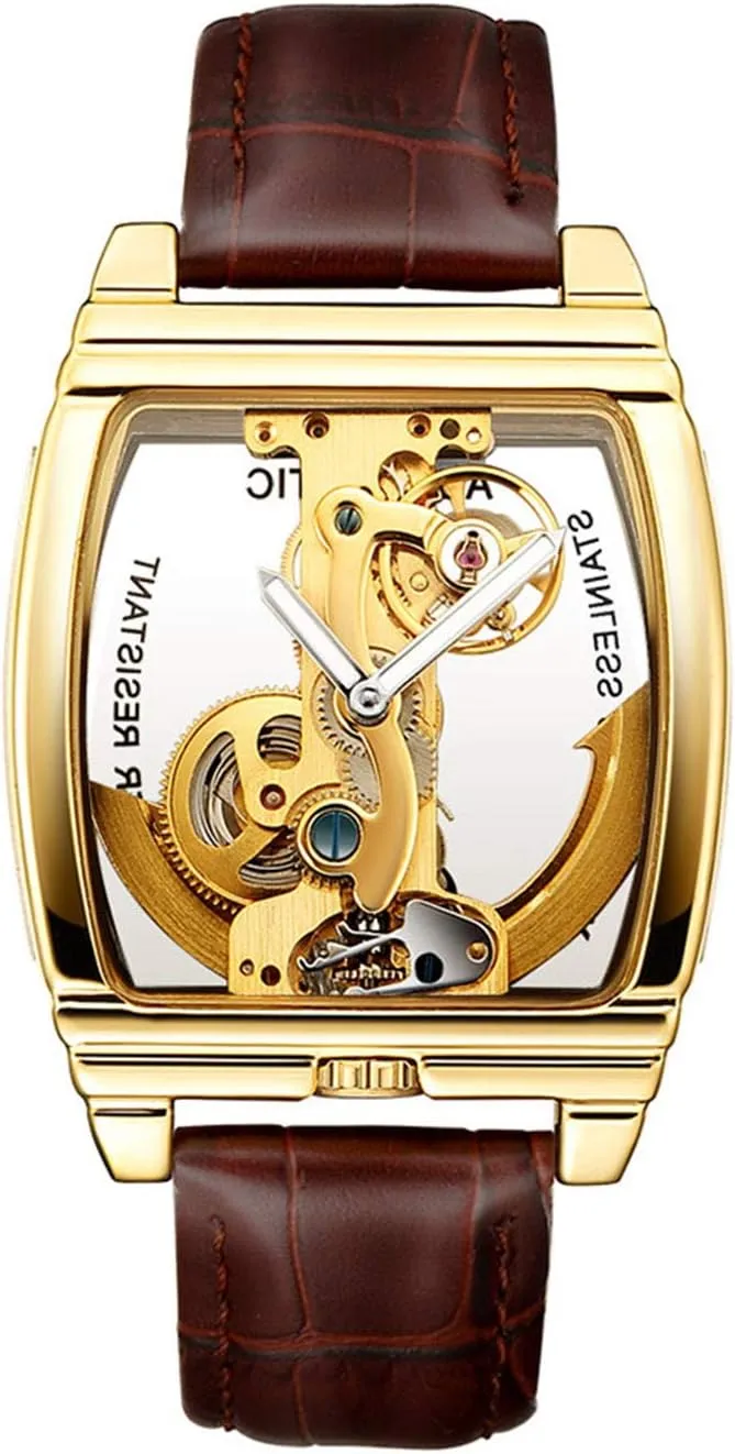 Mens Luxury BusinessTransparent Automatic Steampunk ppm permanence center ox Skeleton Self Winding Mechanical Leather Dress Wristwatches MASTOP 