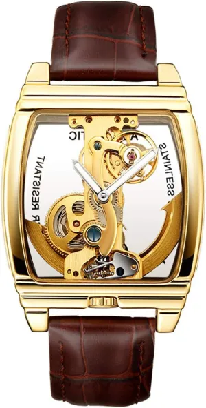 Mens Luxury BusinessTransparent Automatic Steampunk ppm permanence center ox Skeleton Self Winding Mechanical Leather Dress Wristwatches MASTOP 