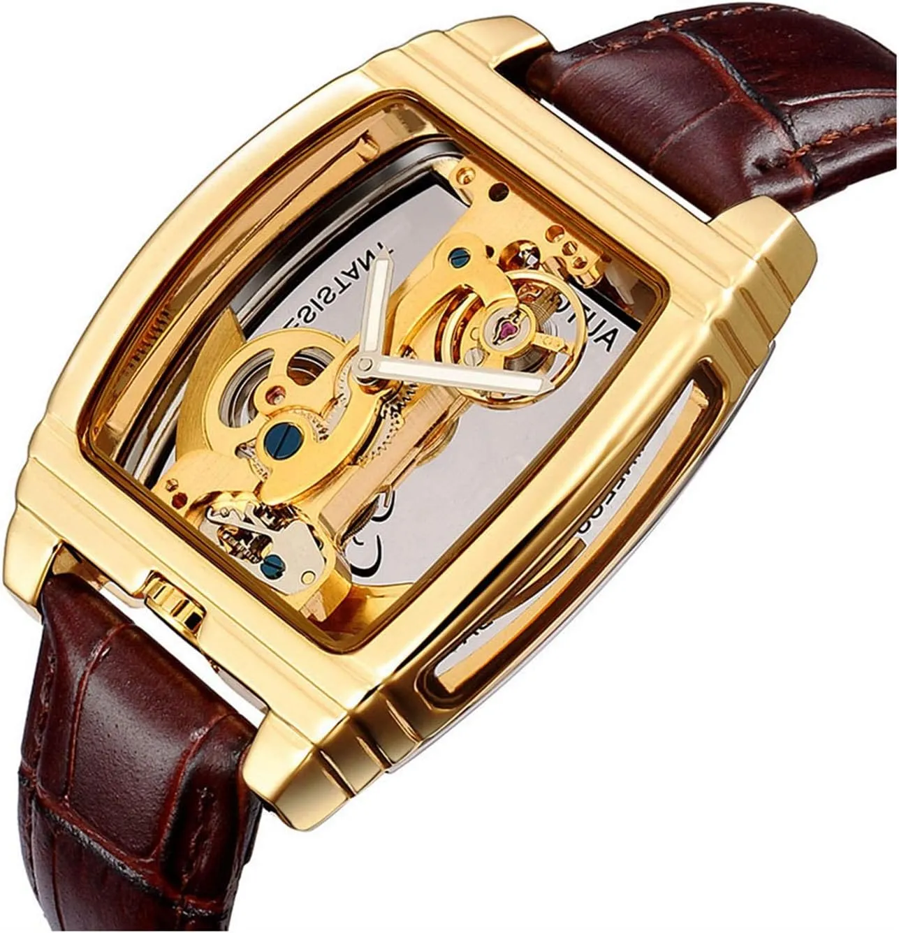 Mens Luxury BusinessTransparent Automatic Steampunk ppm permanence center ox Skeleton Self Winding Mechanical Leather Dress Wristwatches MASTOP 