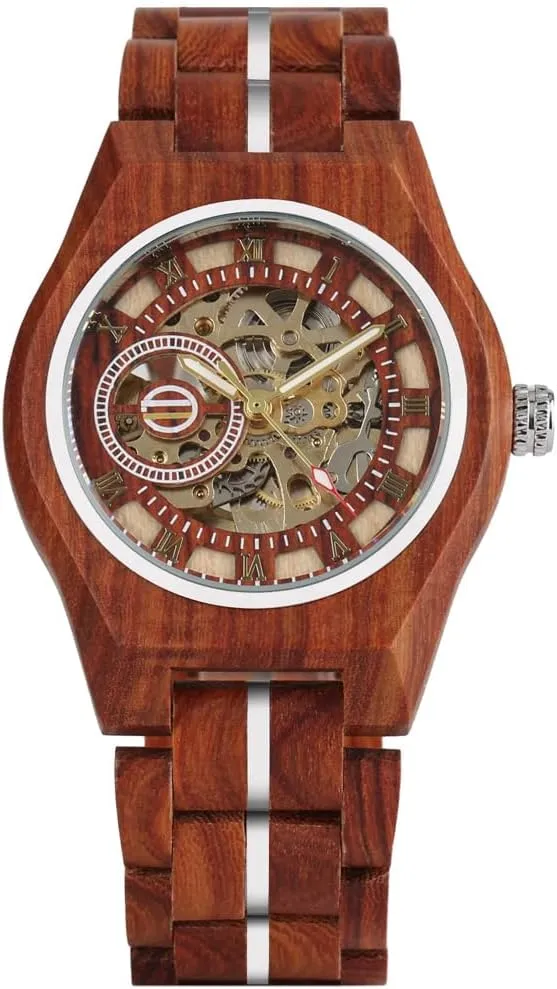 Men's Luxury paradox mosquito Automatic Mechanical Wooden Round Analog Watches Roman Numerals Skeleton Self-Winding Wristwatches Black Red CARLIEN 