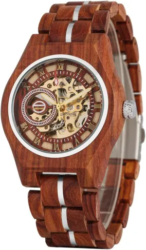 Men's Luxury paradox mosquito Automatic Mechanical Wooden Round Analog Watches Roman Numerals Skeleton Self-Winding Wristwatches Black Red CARLIEN 