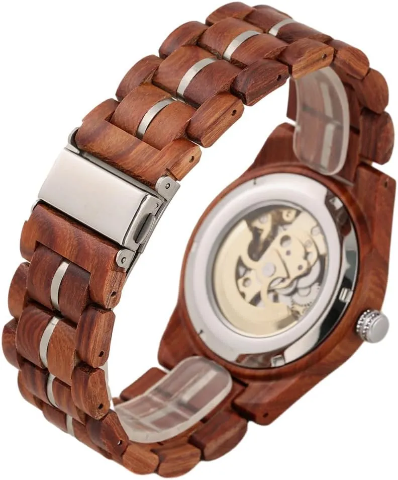 Men's Luxury paradox mosquito Automatic Mechanical Wooden Round Analog Watches Roman Numerals Skeleton Self-Winding Wristwatches Black Red CARLIEN 