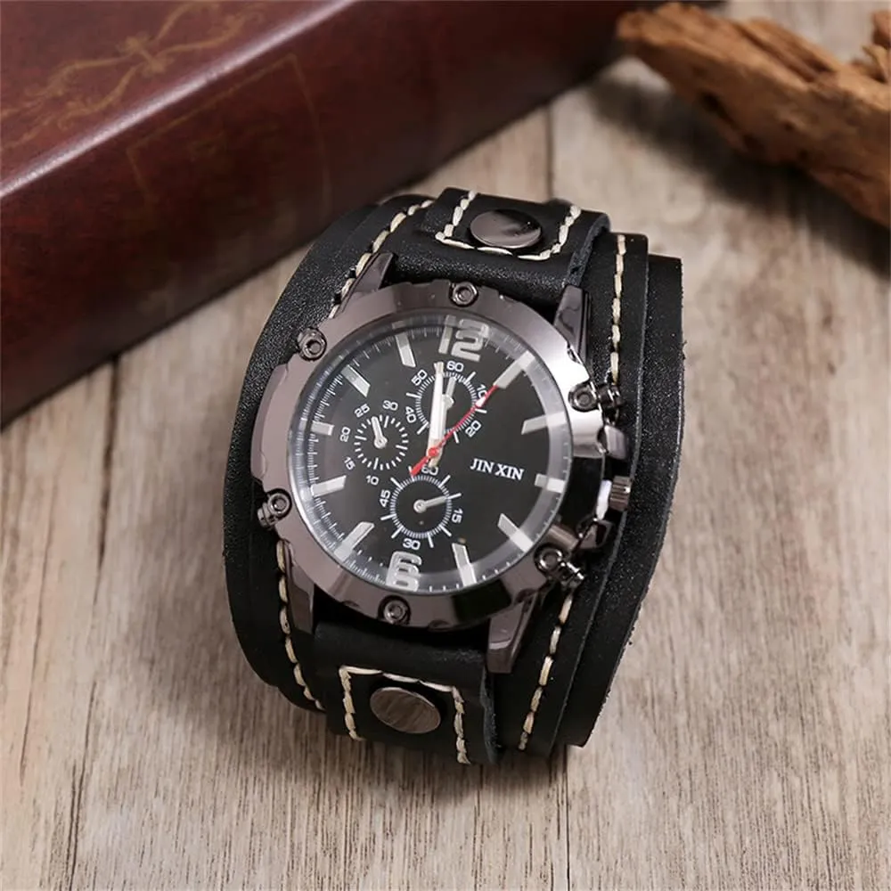 Men's momentarily metallic economical Quartz Watch - Retro Wide Pure Cow Leather Strap, Fashion Brown Cool Punk Style Wristwatch Bracelet Luxury 