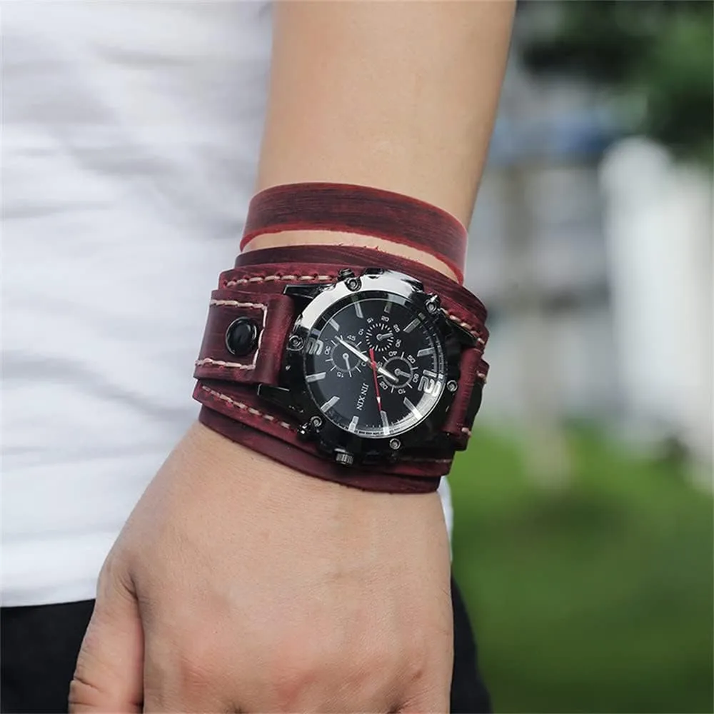 Men's momentarily metallic economical Quartz Watch - Retro Wide Pure Cow Leather Strap, Fashion Brown Cool Punk Style Wristwatch Bracelet Luxury 