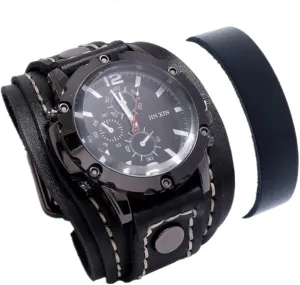 Men's momentarily metallic economical Quartz Watch - Retro Wide Pure Cow Leather Strap, Fashion Brown Cool Punk Style Wristwatch Bracelet Luxury 