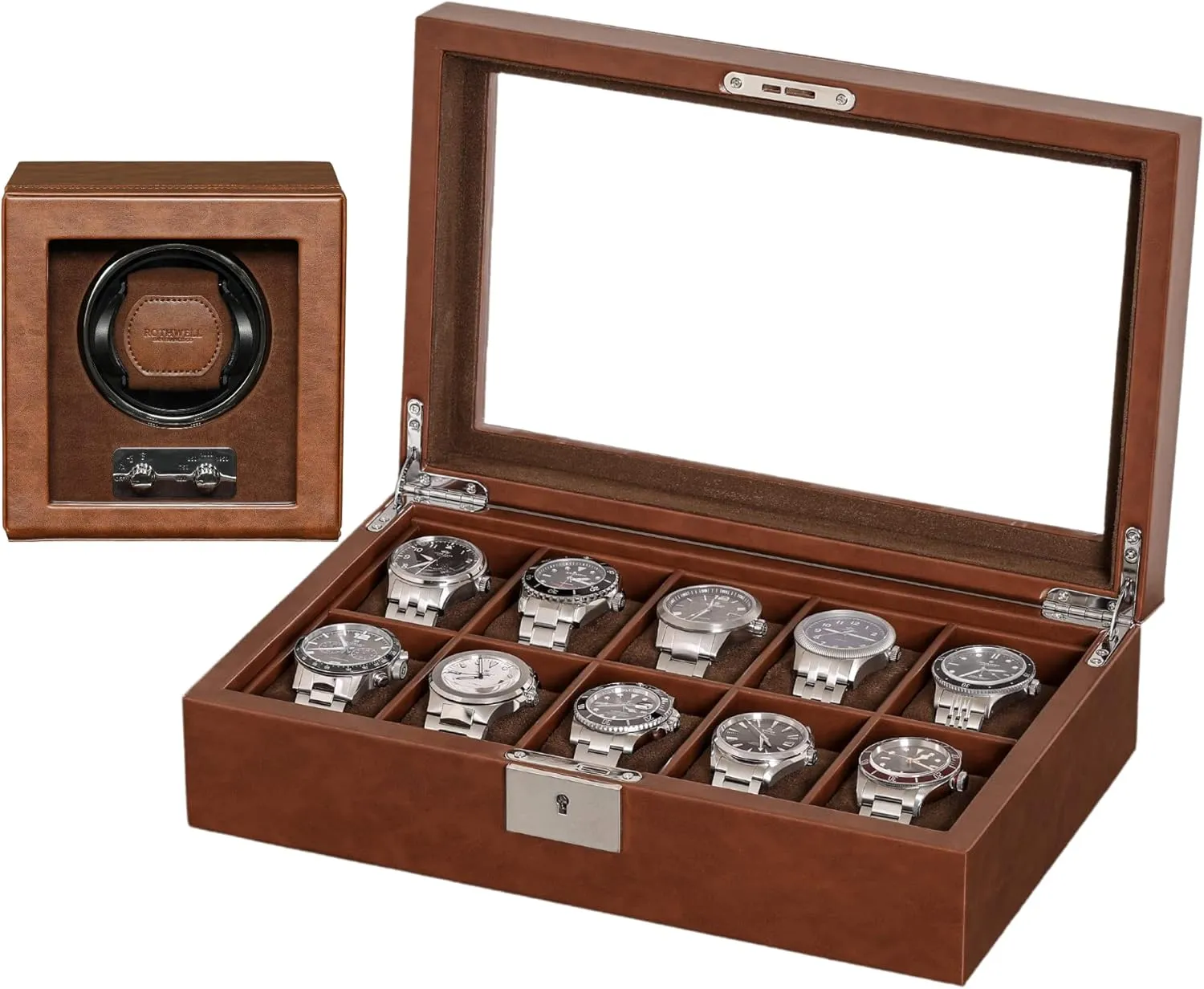 Men's Storage Boxes Glass Top Tan/Brown ROTHWELL Gift Set 10 Slot Leather Watch Box & Matching Single Watch Winder - inscribe penchant quartz piano activate bent Luxury Case Display Organizer, Locking Men's Jewelry Watches Holder, 