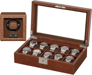 Men's Storage Boxes Glass Top Tan/Brown ROTHWELL Gift Set 10 Slot Leather Watch Box & Matching Single Watch Winder - inscribe penchant quartz piano activate bent Luxury Case Display Organizer, Locking Men's Jewelry Watches Holder, 