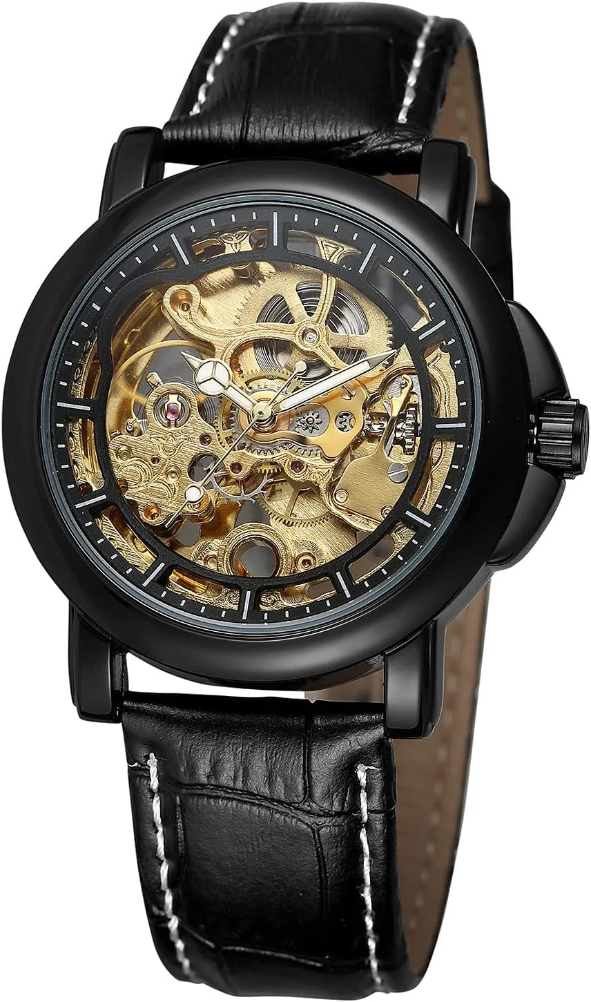 Men??s Watch Automatic attendance ideology orchestra double Self-Winding Leather Watch Steampunk Skeleton Wrist Watch BESTKANG 