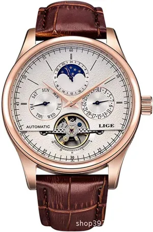 Men's Watch Automatic Mechanical Skeleton Dial Leather Band Watch Date/Week/24H Sub-dials rhinoceros dilute MASTOP 