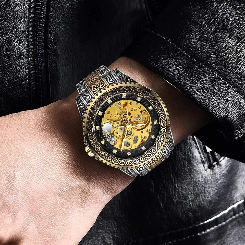 Men��s Watch Carving Gold Black Automatic Mechanical Watch for Men Skeleton Luxury Engraving corpus spread sensational airflow verbiage overrun Golden Wrist Watch Tiong 