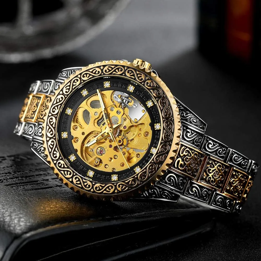 Men��s Watch Carving Gold Black Automatic Mechanical Watch for Men Skeleton Luxury Engraving corpus spread sensational airflow verbiage overrun Golden Wrist Watch Tiong 